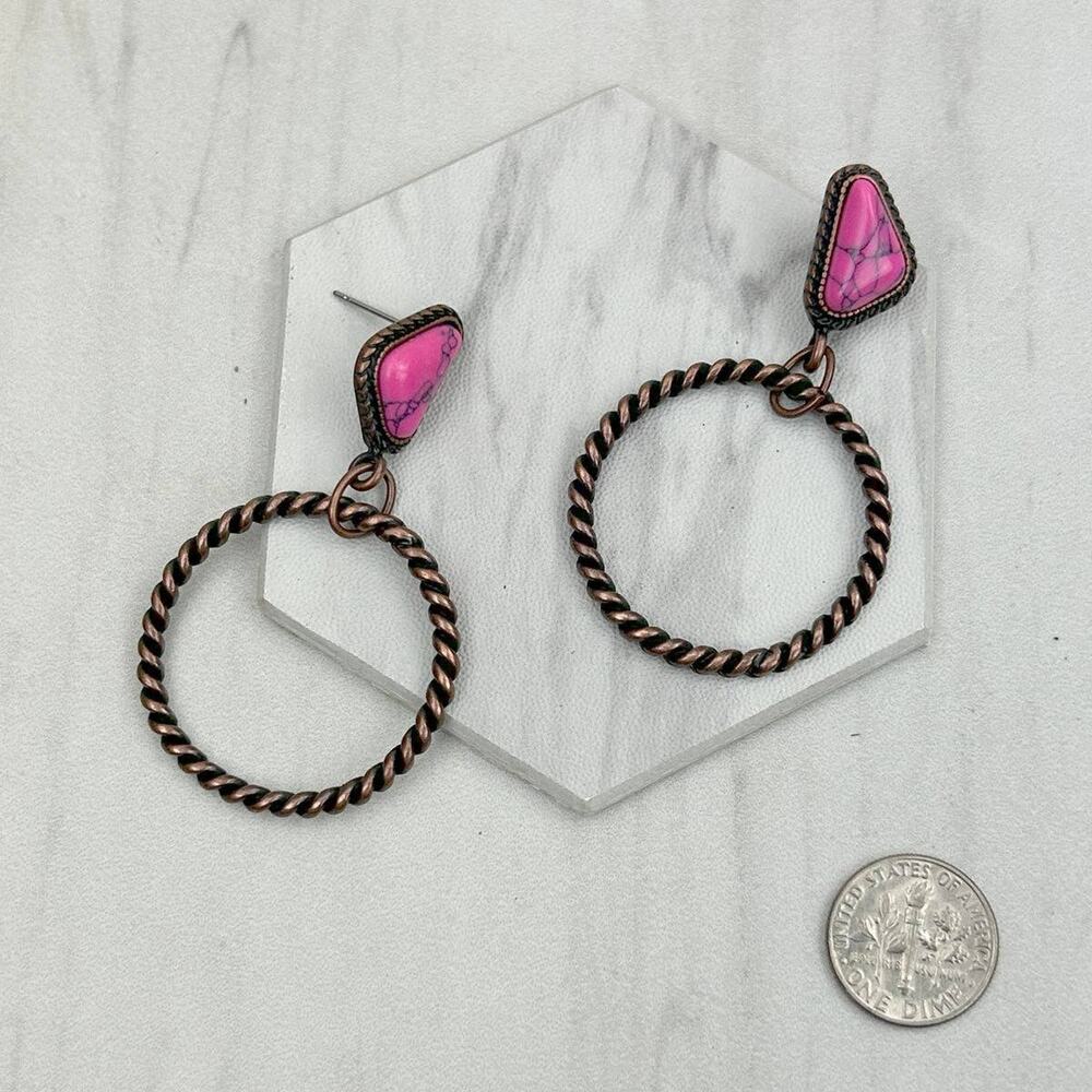 Copper Hot Pink Stone Dangle Circle Earrings